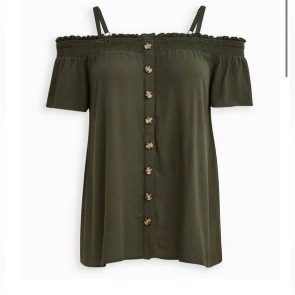 Torrid Smocked Cold-Shoulder Olive Green Rayon Blouse Size 1X - Picture 2 of 7